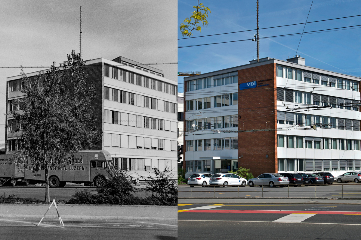 Links: vbl Verwaltungsgebäude im Jahr 1964. (Stadtarchiv Luzern, 3172-3180 (F2a), O. Pfeiffer, SWB, Luzern). Rechts: vbl Verwaltungsgebäude heute.