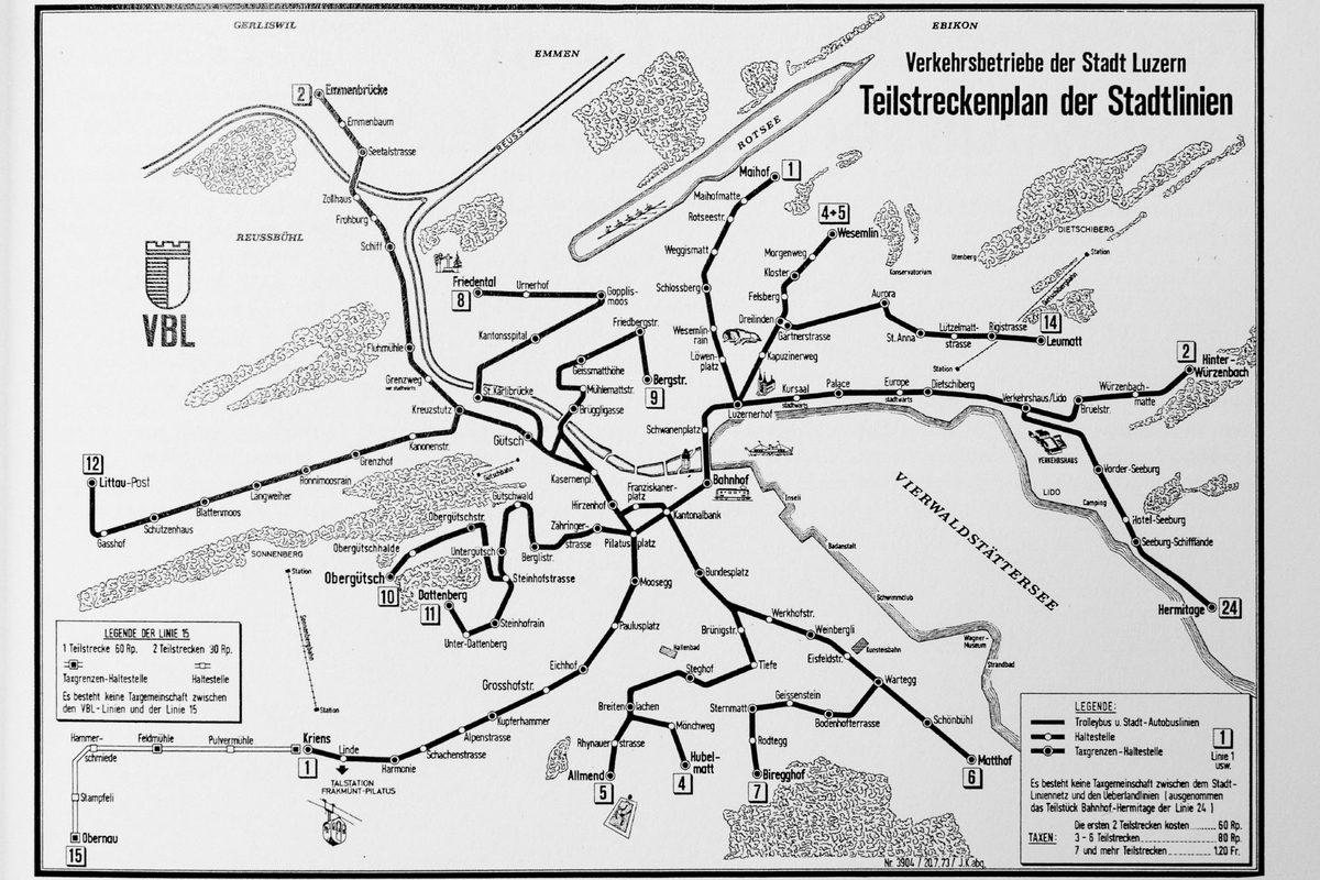 Der Liniennetzplan der Stadtlinien im Jahr 1977 mit den Trolleybuslinien 1-7. (Sammlung Stefan Limburg)