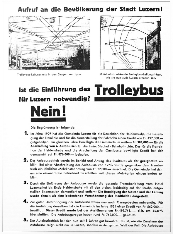 Erste Seite des am 1. Juli 1938 erschienenen (vierseitigen) anonymen Flugblattes zur Volksabstimmung vom 3. Juli 1938 über die Einführung des Trolleybusbetriebes. (Archiv VBL)